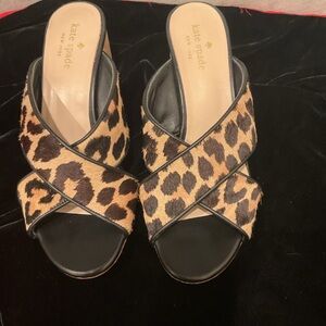 Kate Spade Leopard calf hair block heel slide sandals